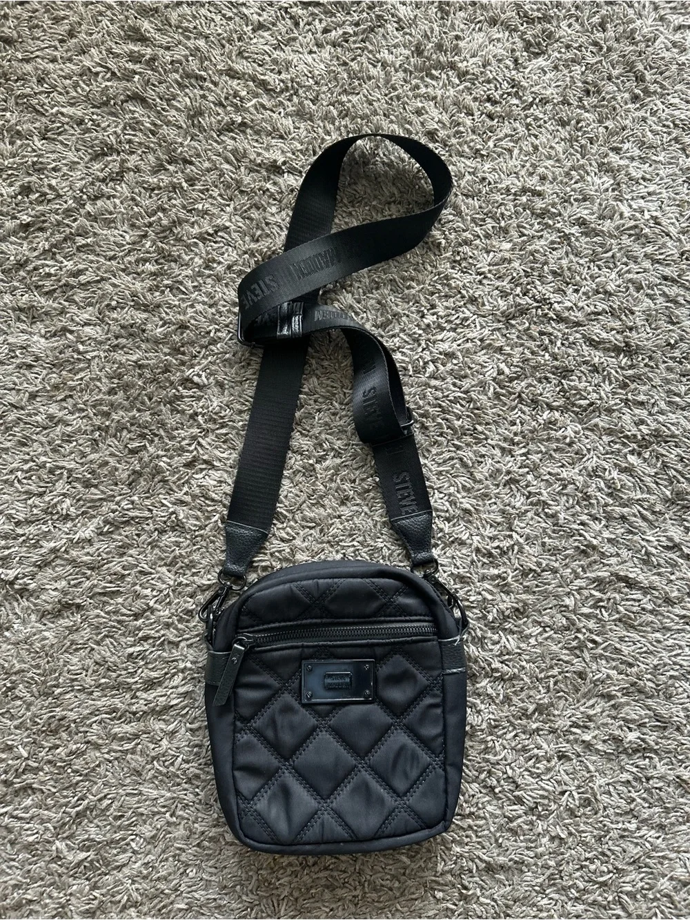 Steve Madden Black Quilted Crossbody Bag | Logo Strap Sling Bag